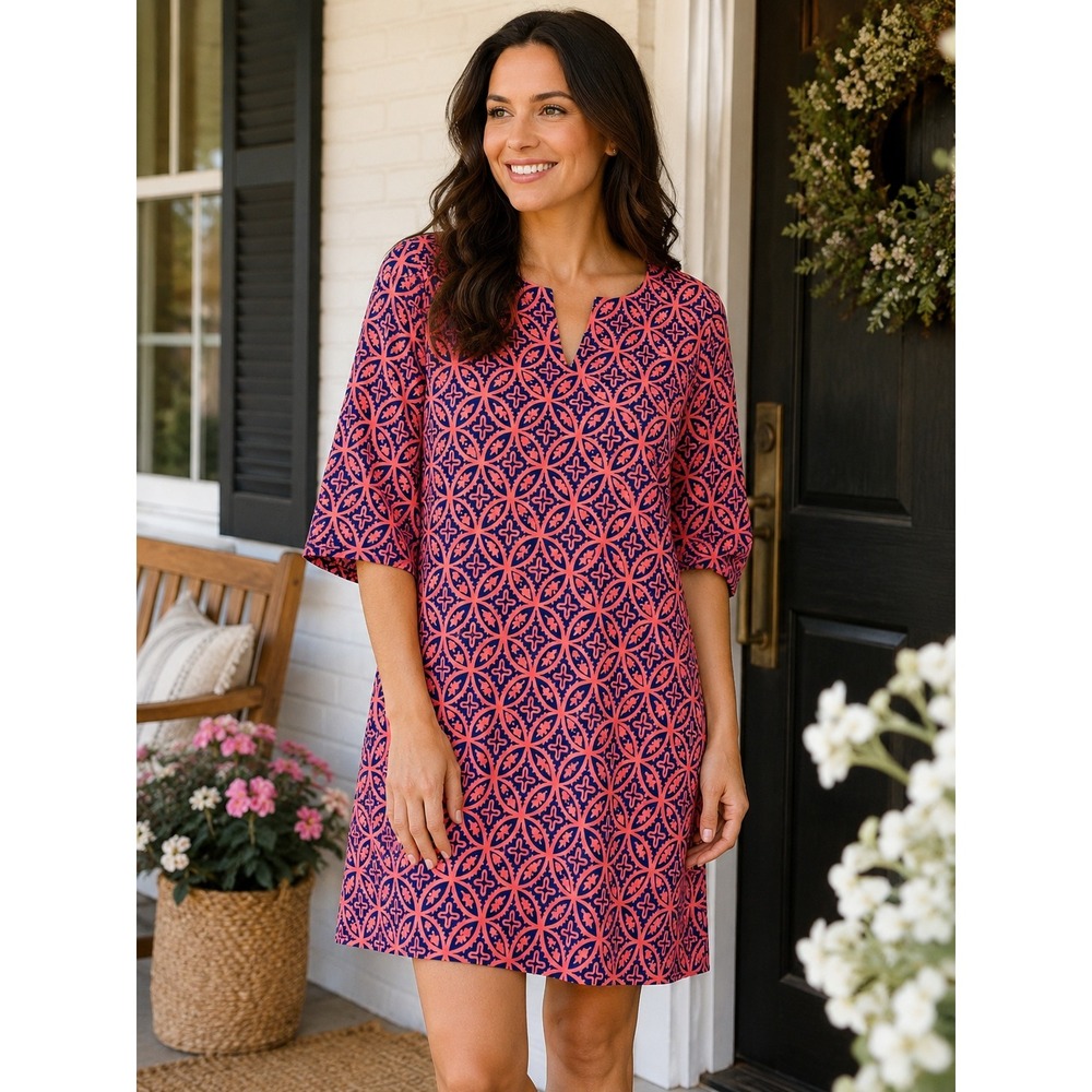 Hatley Lucy Dress Womens M Coral Navy Mandella Print Cotton Jersey Shift NEW